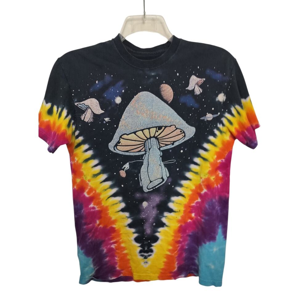 M1166) Liquid Blue Men Multicolor Space Rocket Mushrooms Tie Die Tee Medium